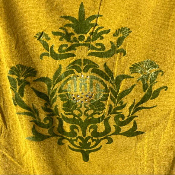 Soft Surroundings Y2K Mesh Mustard Long Sleeve Top with Green Velvet Design - Picture 2 of 5